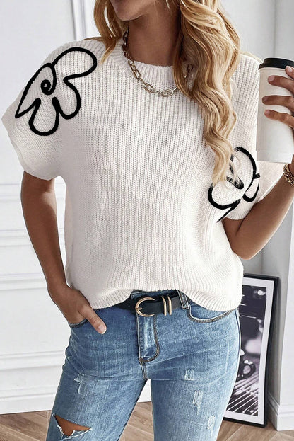 Flower Embroidery Sweater Top | White