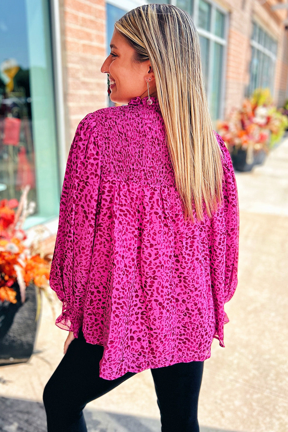 Leopard Shirred Puff Sleeve Flowy Blouse | Rose