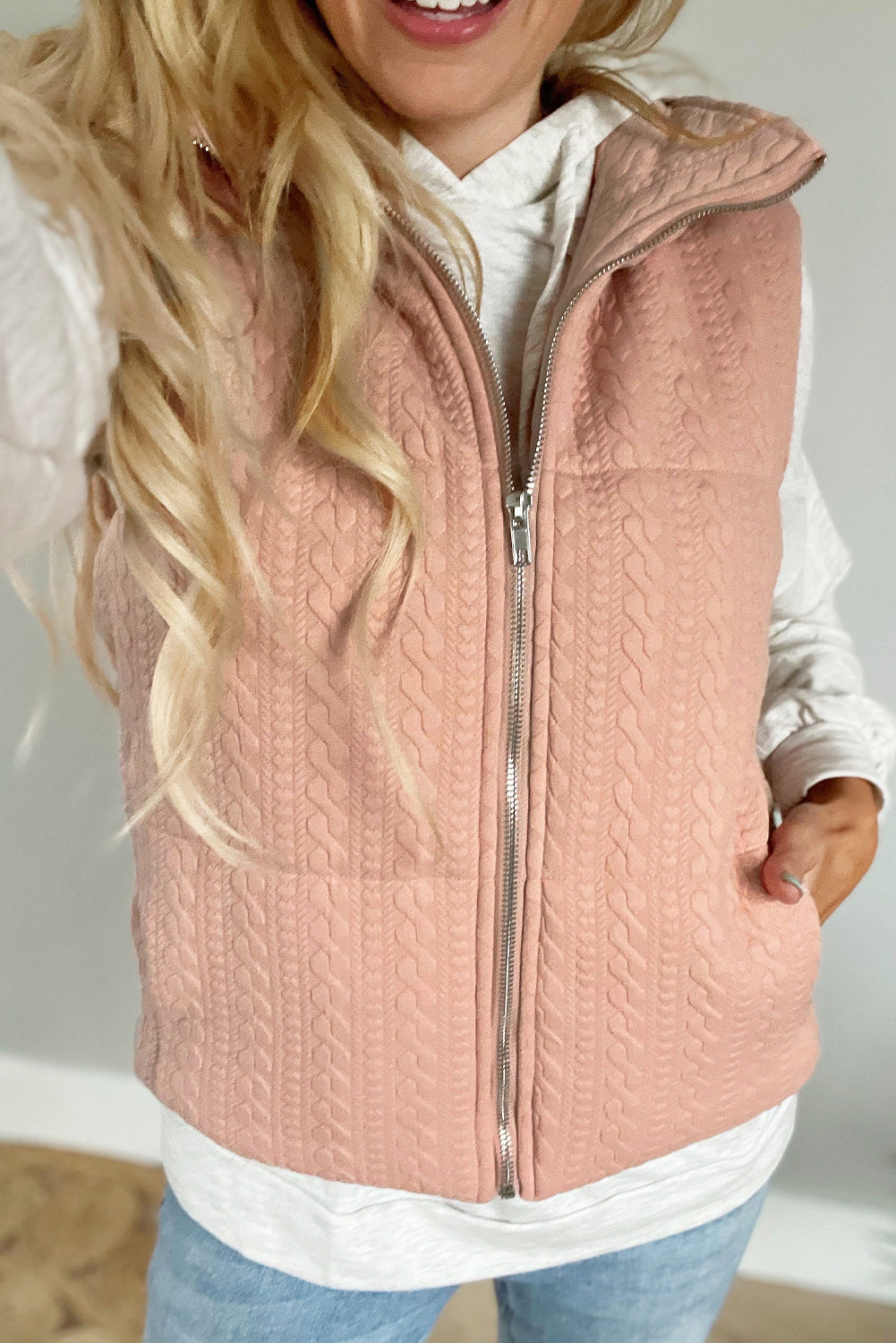 Cable Textured Zip Up Vest Jacket | Pale Chestnut