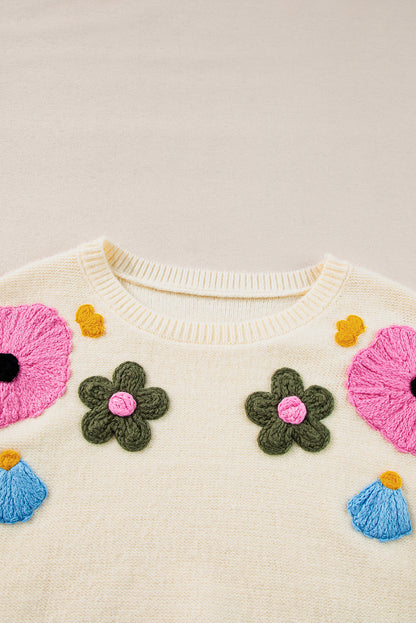 Knitted Flower Pattern Ribbed Edge Sweater | Beige