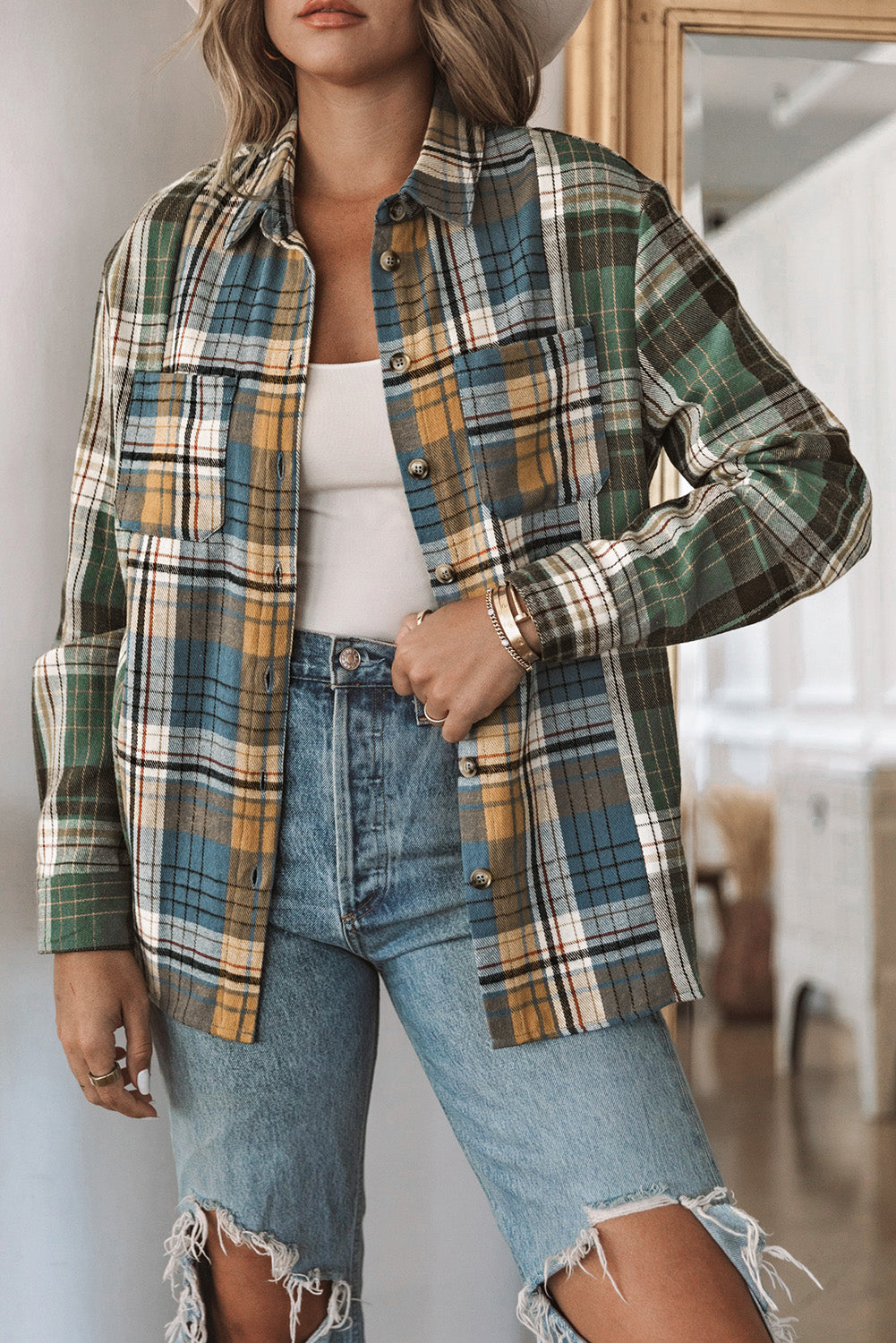 Chest Pockets Button Up Plaid Shacket | Green