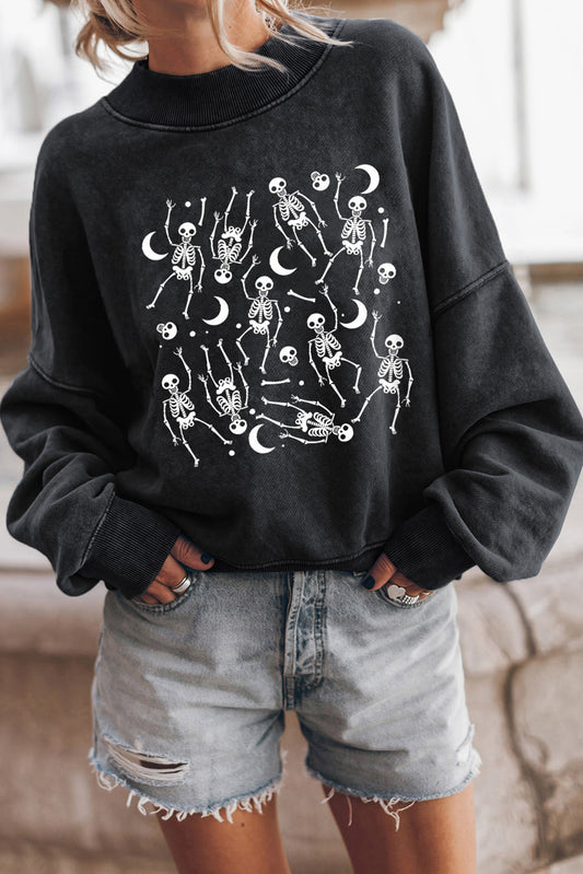 Black Halloween Skeleton Print Drop Sleeve Pullover Sweatshirt