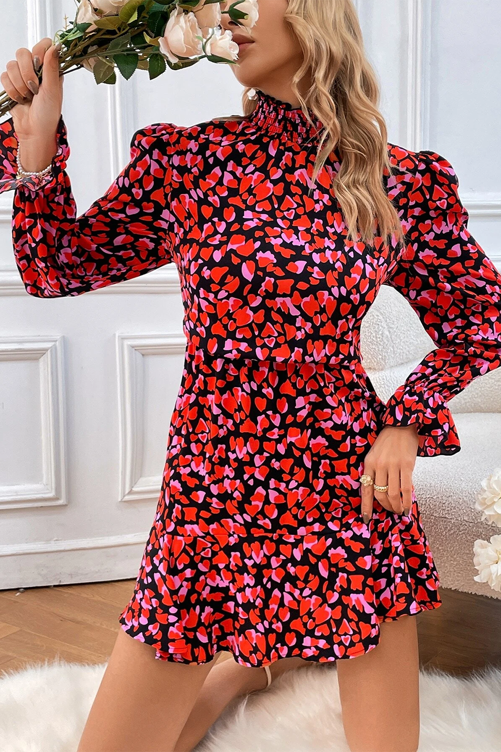 Valentines Day Heart Shape Print Long Sleeve Mini Dress | Red