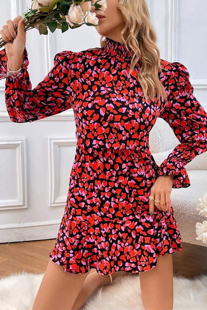 Valentines Day Heart Shape Print Long Sleeve Mini Dress | Red