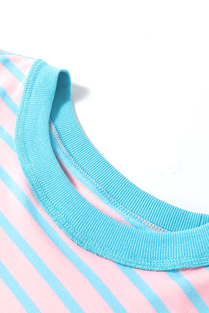 Oversized Contrast Trim Exposed Seam High Low T Shirt | Pink Stripe