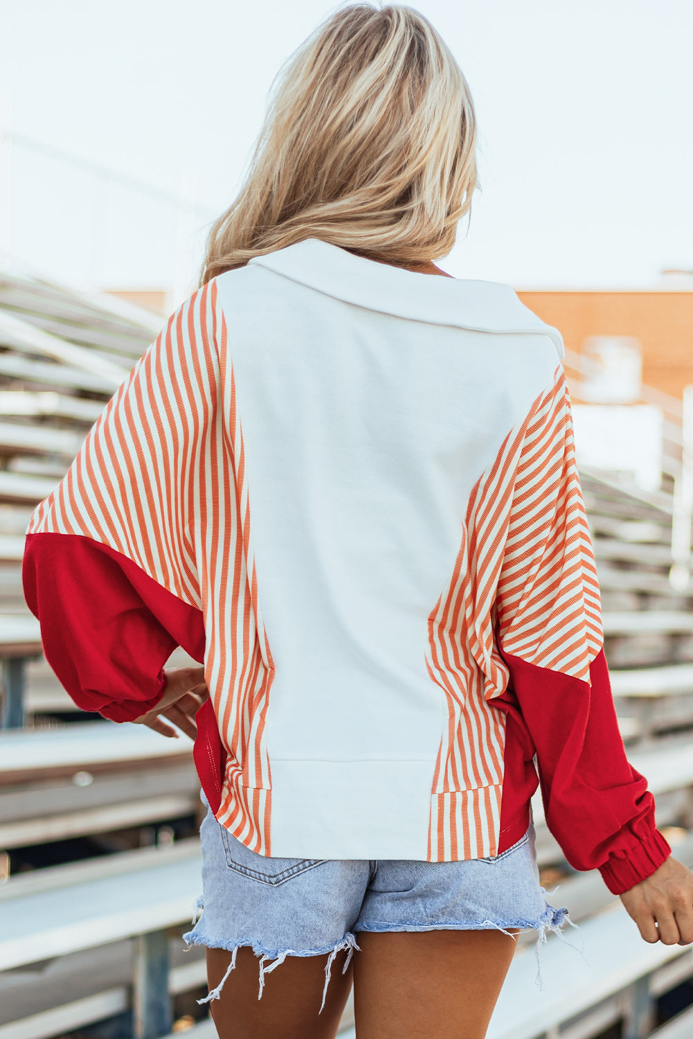 Striped Colour Block Collared V Neck Oversized Sweatshirt | White