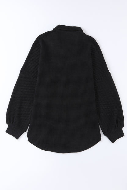 Waffle Knit Button Up Casual Shirt | Black