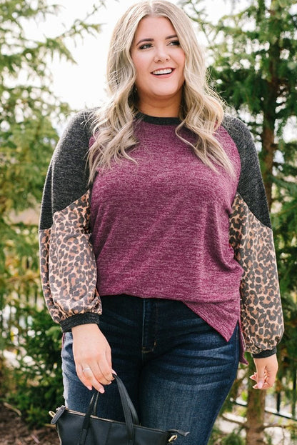 Leopard Colourblock Long Sleeve Plus Size Top | Multicolour