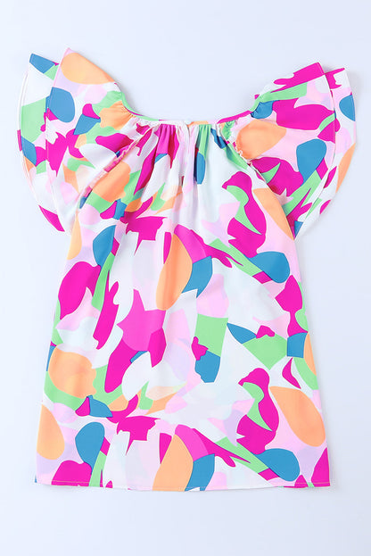 Abstract Pattern Ruffle Short Sleeves Blouse | Multicolour