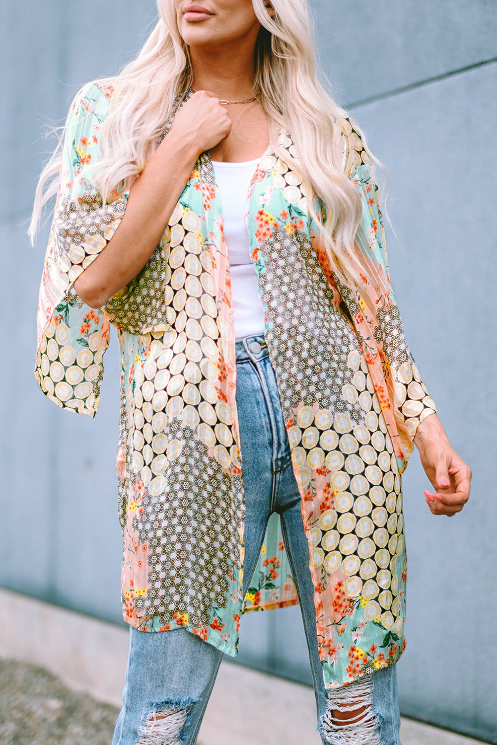 Floral Open Sheer Shimmer Kimono | Multicolour