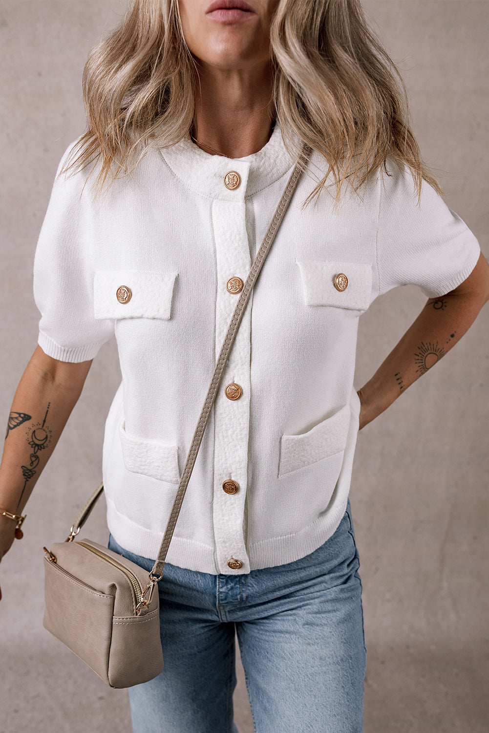 Gold Buttons Textured Sweater T Shirt | White