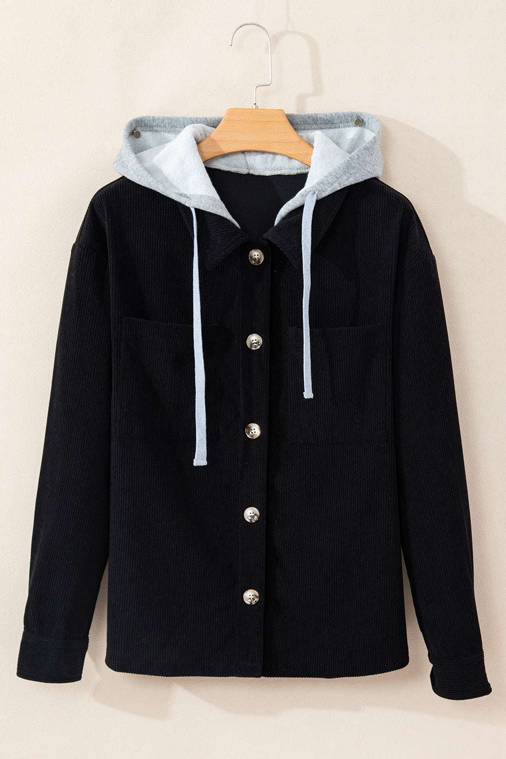 Black Hooded Drawstring Pockets Corduroy Shacket | Colour black