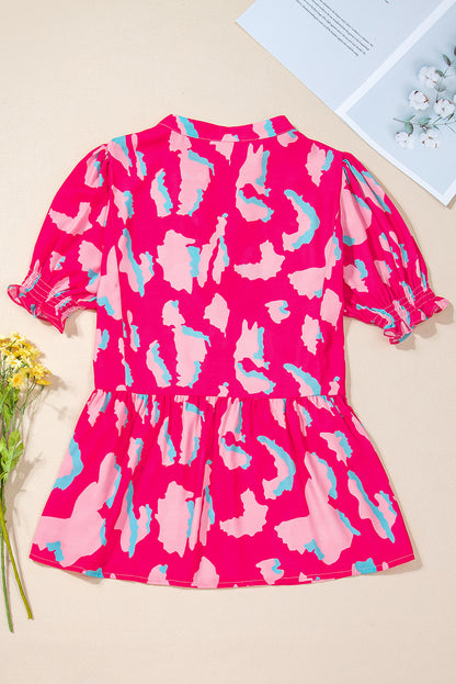 Abstract Print Smocked Puff Sleeve V Neck Blouse | Rose