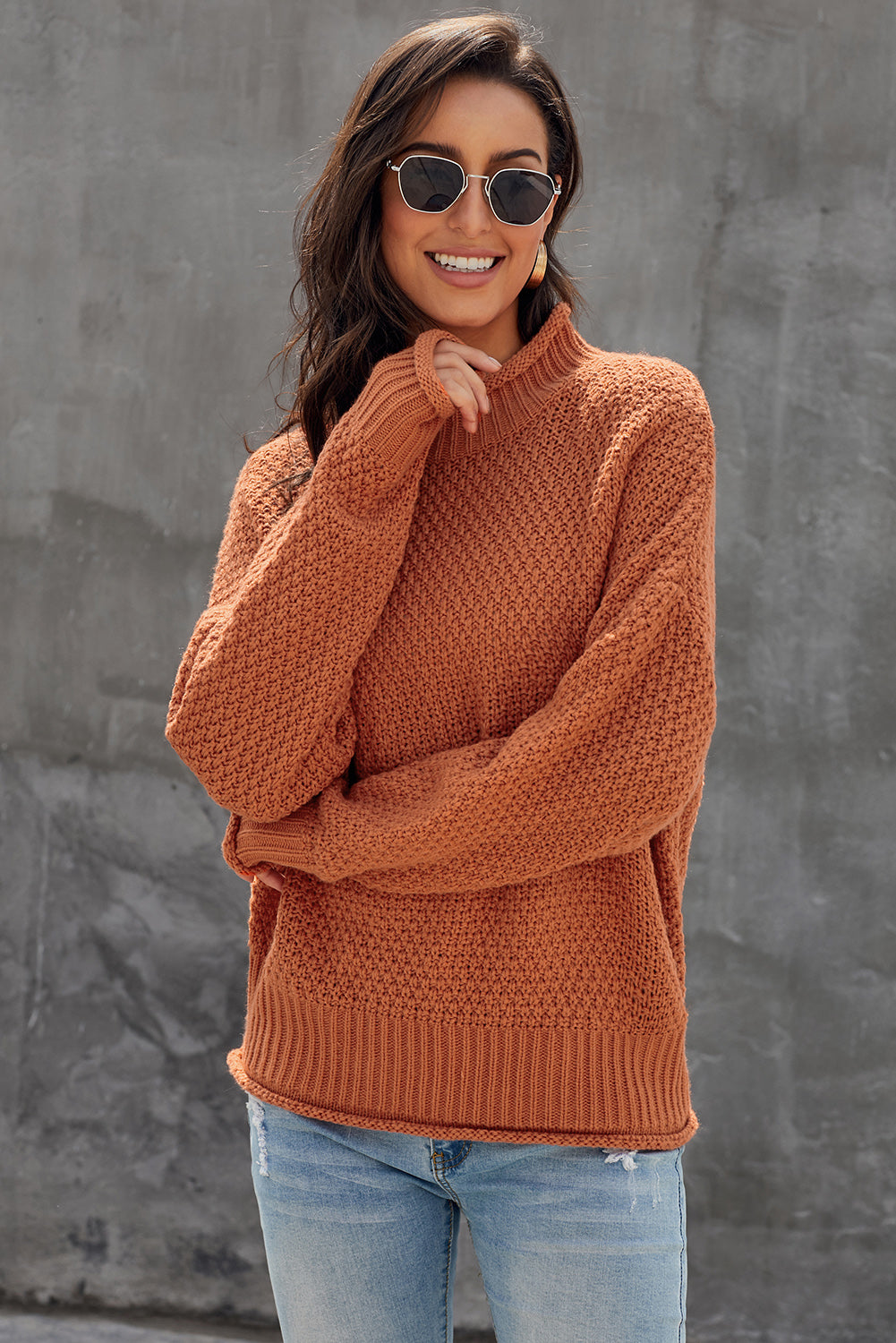 Oversized Chunky Batwing Long Sleeve Turtleneck Sweater | Orange