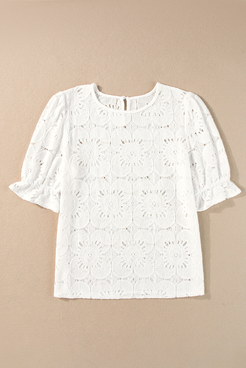 Flower Eyelet Jacquard Keyhole Flounce Sleeve Top | White