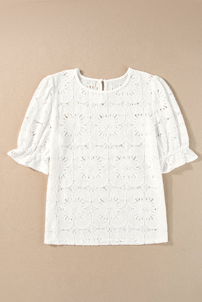 Flower Eyelet Jacquard Keyhole Flounce Sleeve Top | White