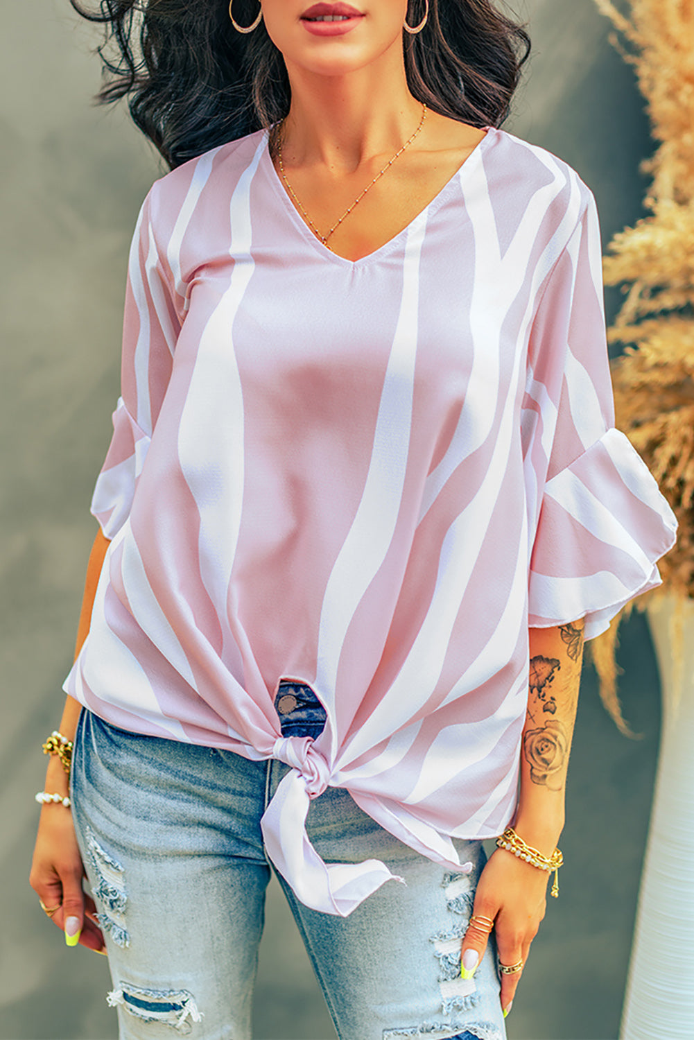 Pink Vertical Stripes V Neck 3/4 Sleeve Blouse