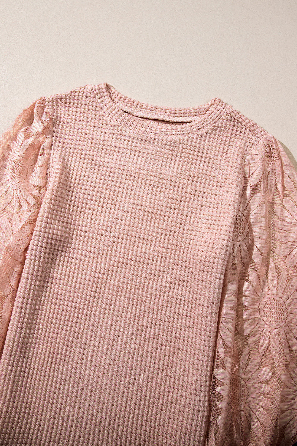 Sunflower Mesh Bubble Sleeve Waffle Knit Top | Peach Blossom