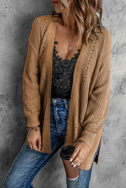 Drop Sleeve Cable Knit Cardigan With Slits | Apricot