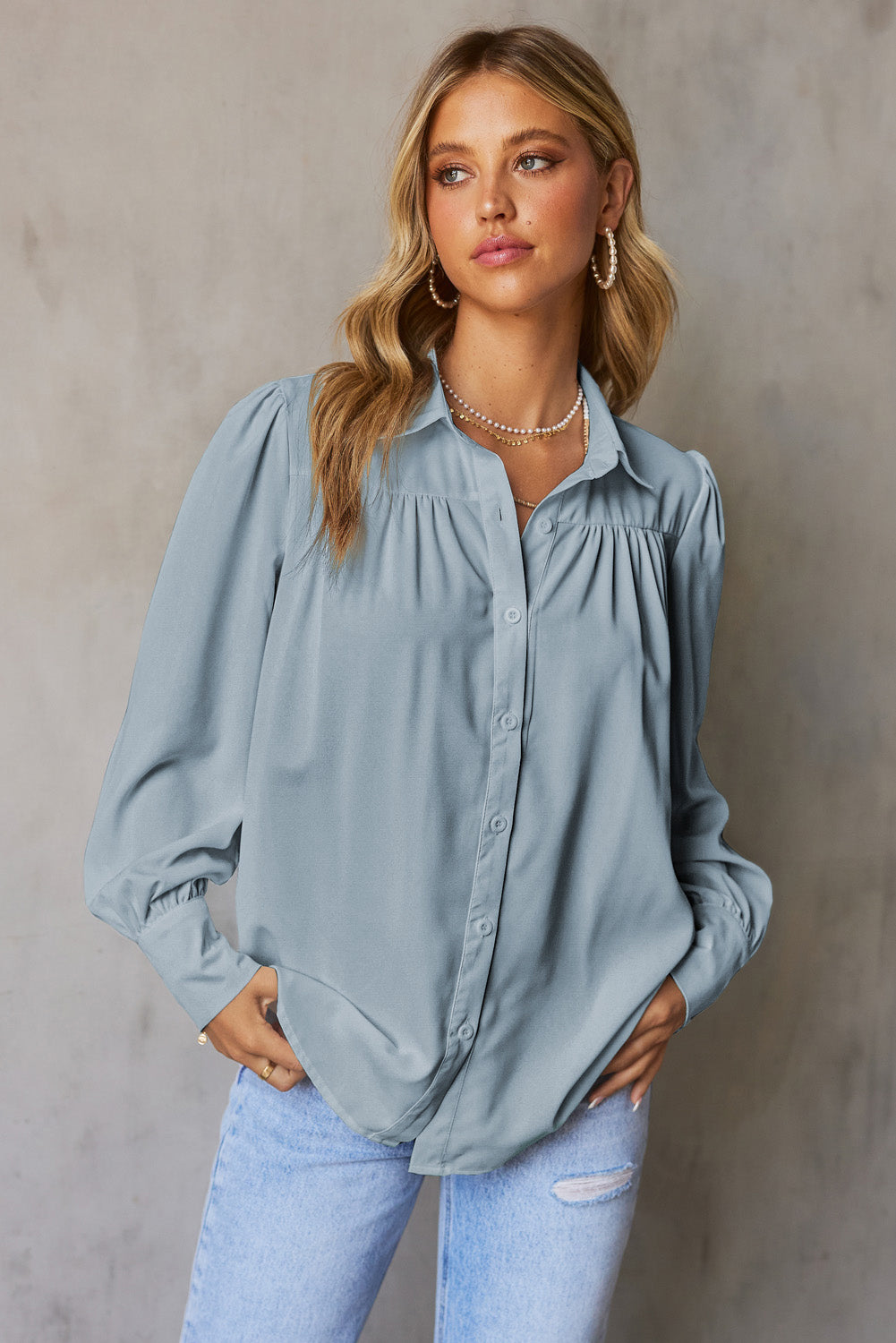 Solid Colour Button Up Puff Sleeve Blouse | Sky Blue