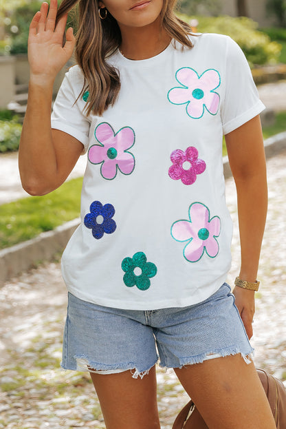 Sequined Flower Pattern Round Neck T Shirt | White