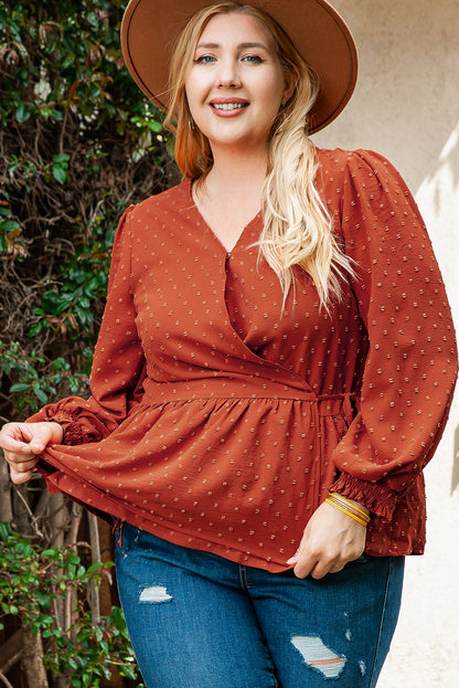 Plus Size Swiss Dot V Neck Wrap Tie Side Blouse | Gold Flame