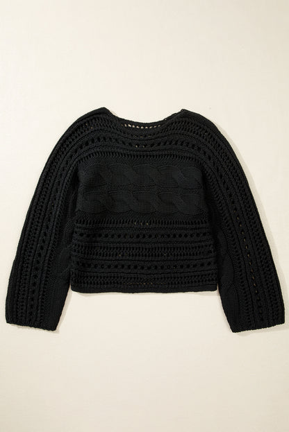 Hollow-Out Cable Knit Cropped Sweater | Black