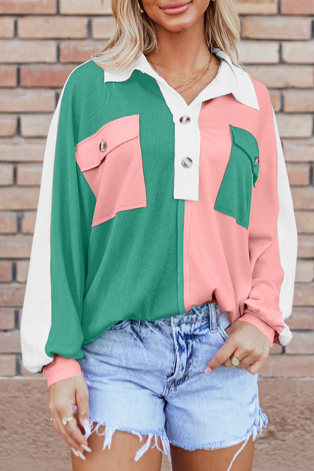 Colourblock Ribbed Collared Oversized Sweatshirt | Pink