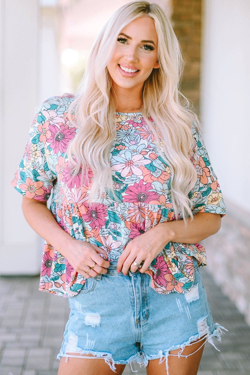 Bohemian Flower Print Flowy Short Sleeve Top | Multicolour