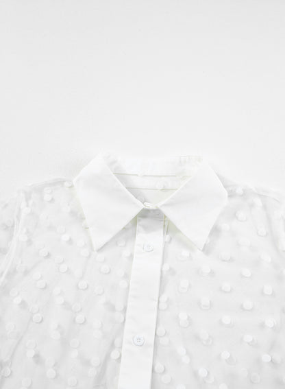 Polka Dot Print Collared Buttoned Mesh Duster Kimono | White