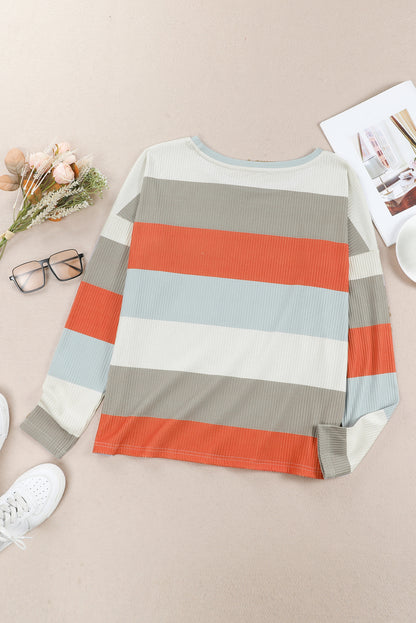 Striped Colourblock Ribbed Knit Top With Pocket | Red