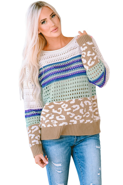 Leopard Striped Mix Pattern Knit Crochet Sweater | Multicolour