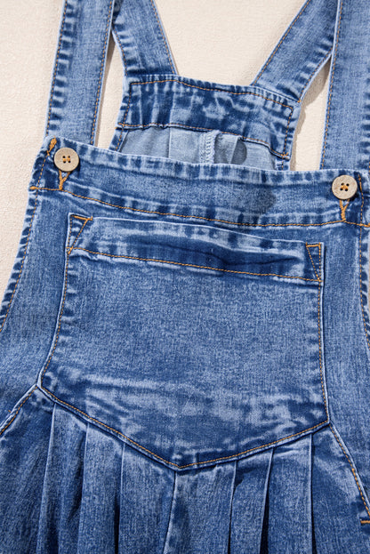 Mineral Wash Buttoned Straps Wide Leg Denim Overalls | Light Blue