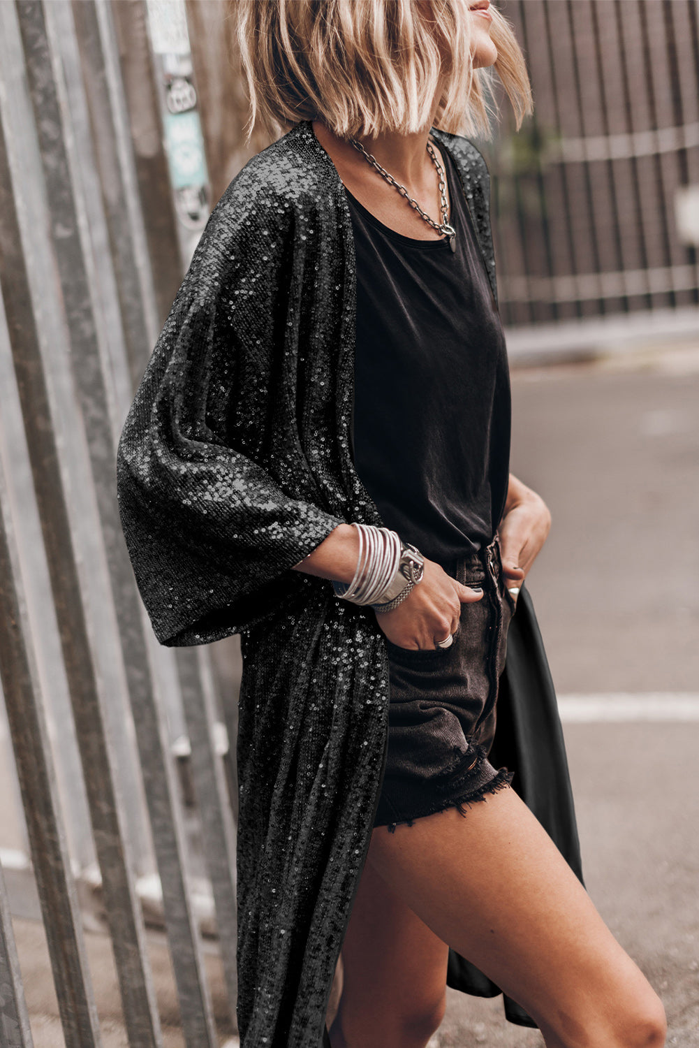 Sequin 3/4 Sleeve Open Front Duster Kimono | Black