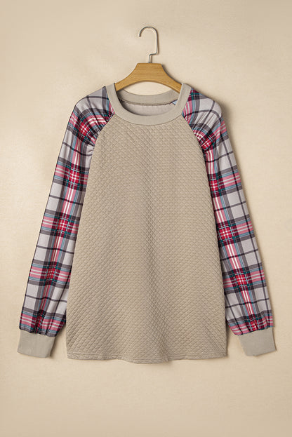 Plus Size Plaid Raglan Sleeve Crew Neck Sweatshirt | Apricot