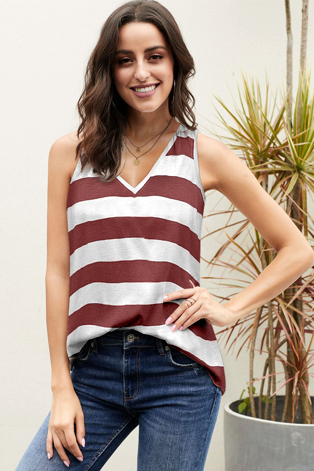 Striped V Neck Tank Top | Red