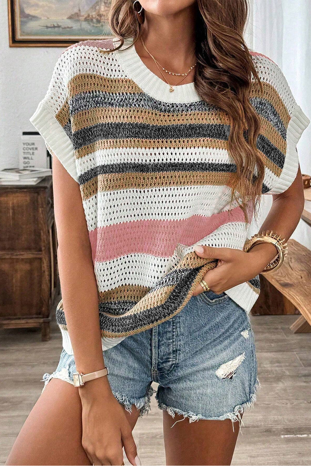 Colour Block Eyelet Knit Short Sleeve Sweater Tee | Pink Stripe