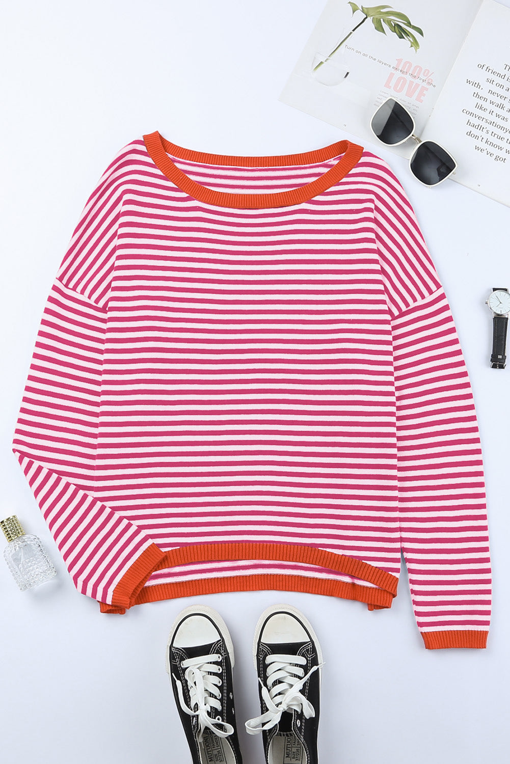 Contrast Trimmed Striped Drop Shoulder Sweater | Pink