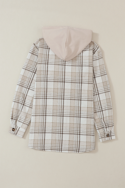 Plaid Removable Hood Buttoned Shacket | Khaki