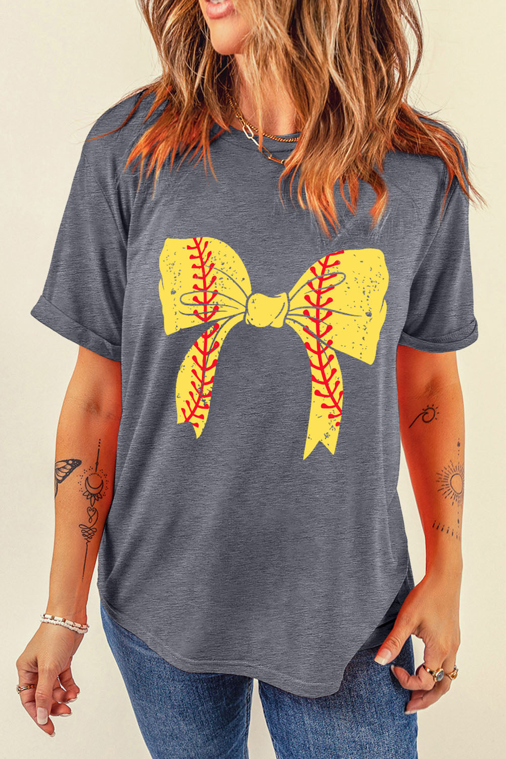 Baseball Bowknot Graphic Casual Tee | Gray