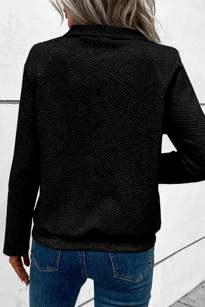 Textured Knit Buttoned Kangaroo Pocket Sweatshirt | Black