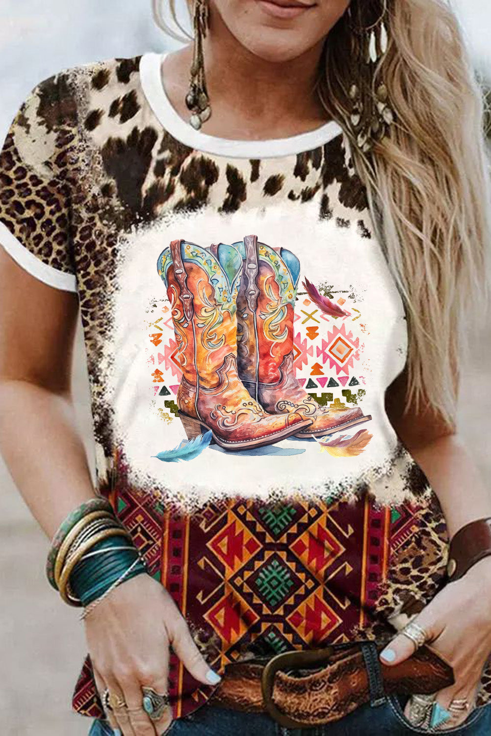 Dark Brown Cowboy Boots Graphic Bleached Leopard Aztec Print T Shirt