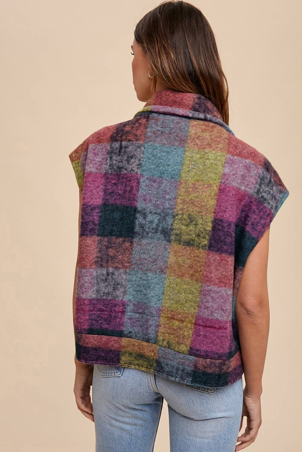 Plaid Print Side Pockets Zipped Loose Vest | Multicolour