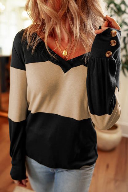 Colourblock Button Decor Long Sleeve V Neck Top | Parchment