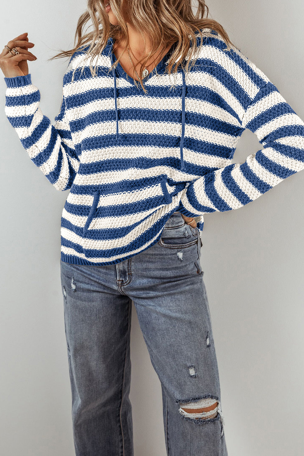 V Neck Pocketed Drawstring Hooded Sweater | Blue Stripe