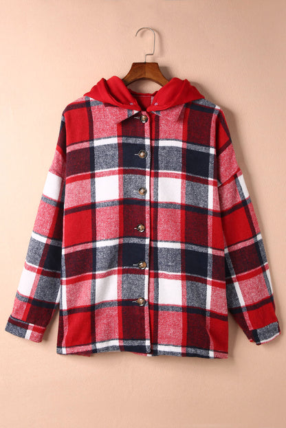 Fiery  Hooded Plaid Button Front Shacket | Red