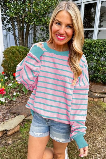 Trimmed Round Neck Drop Shoulder Loose Sweater | Pink Stripe