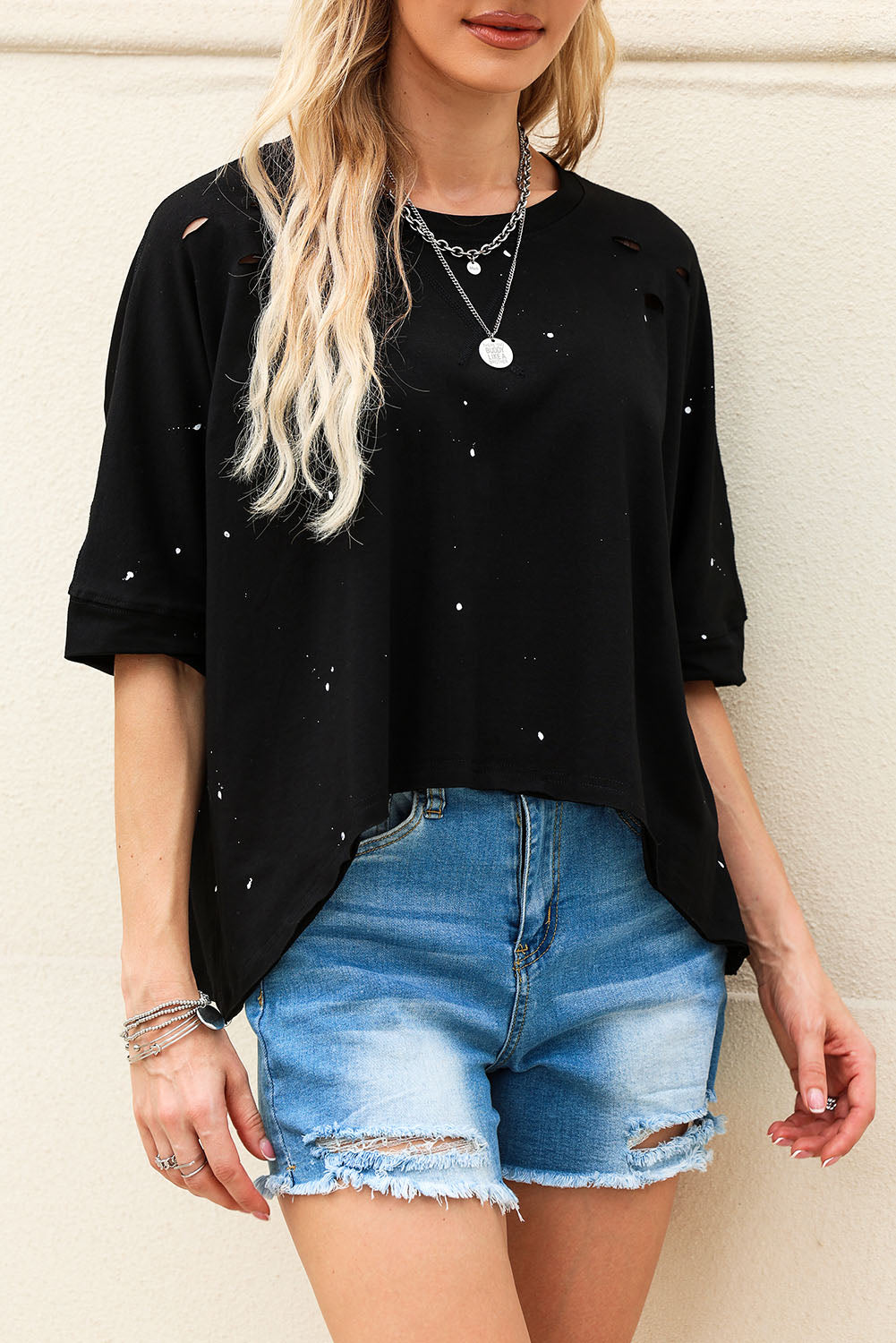 Distressed Bleached Asymmetric Hem Short Sleeve Top | Black