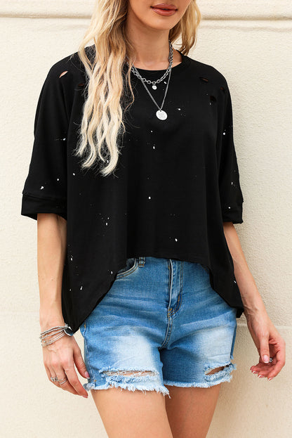 Distressed Bleached Asymmetric Hem Short Sleeve Top | Black