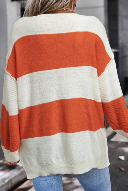 Loose Colour Block Drop Shoulder Bubble Sleeve Sweater | Orange Stripe